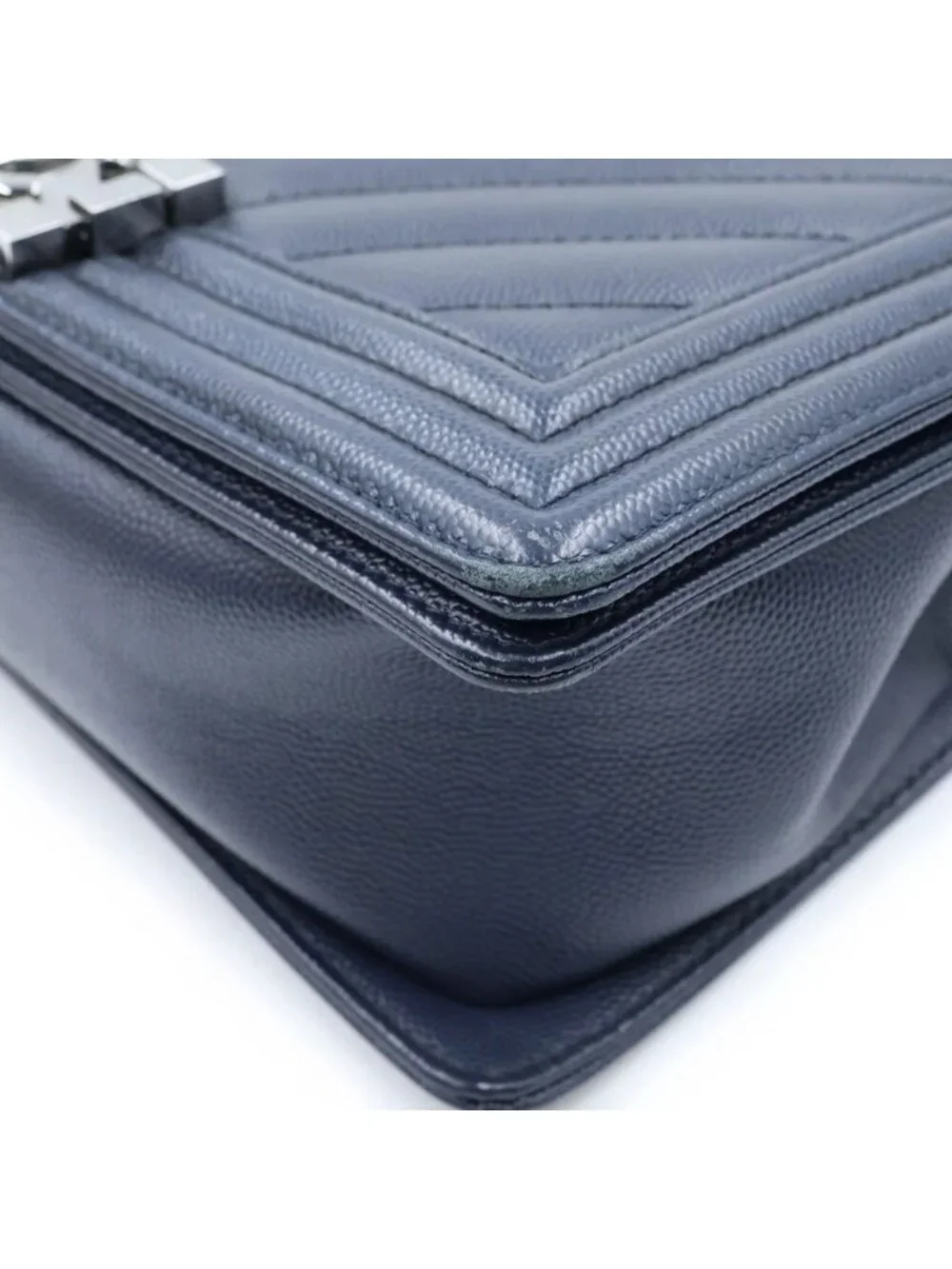Chanel Boy Chevron V-Stitch Caviar Leather Silver Chain Shoulder Bag Navy